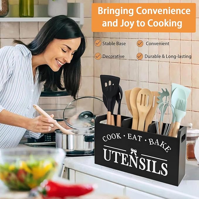 Utensil Holder,Wooden Utensil Holder for Kitchen Counter, Cooking Utensil Organizer with 3 Compartments,Utensil Crock for Silverware Spoon Spatula