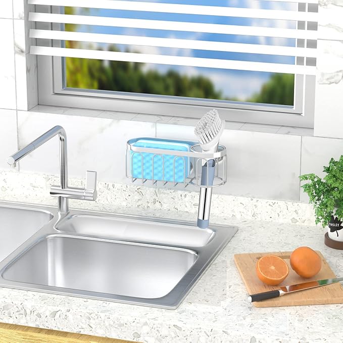 Yazoni 2-in-1 Sponge Holder for Kitchen Sink, Sink Caddy Kitchen Sink Organizer with 3 Suction Cups, No Drill Rustproof Sink Sponge Holder for Dish Brush, Soap & Sponge (Silver)