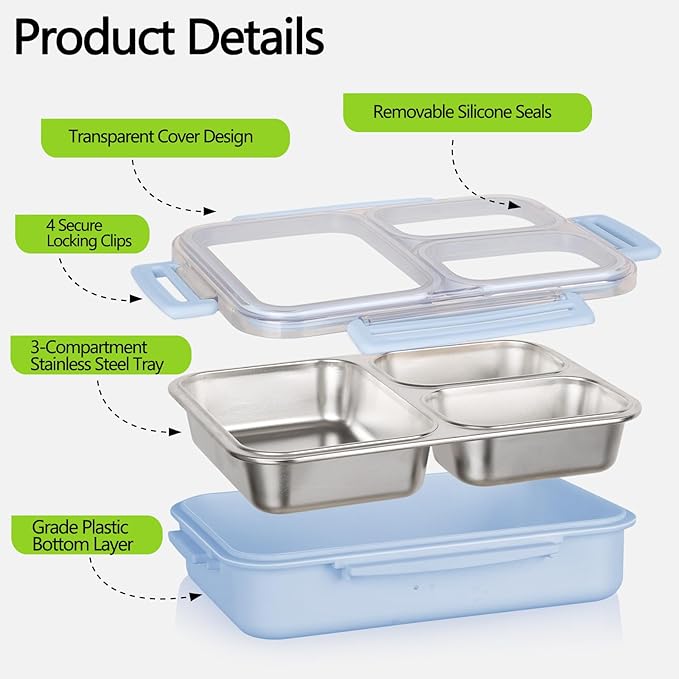 Stainless Steel Bento Box, 3 Compartments Leakproof Stainless Steel Snack Containers, 25 oz Premium 304 Metal Lunch Box for Adults, BPA-Free, Dishwasher Safe (Blue)