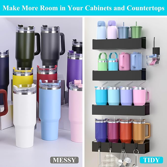 HuggieGems Metal Magnetic Water Bottle Holder for Refrigerator, Cup Holder Organizer for Stanley and Tumbler for Kitchen, 4 Pack, Jet Black