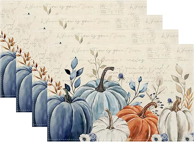 Fall Placemats Set of 4 Blue Orange Pumpkin Leaves Decor Place Mats 12x18 Inch Autumn Leaf Harvest Thanksgiving Decorative Linen Table Mats for Home Kitchen Dining Party Table Decoration