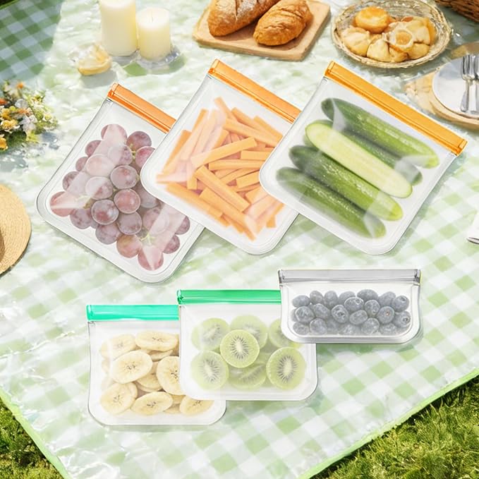 12 Pack Silicone Bags for Food Storage,Freezer,Microwave & Dishwasher Safe,Leakproof Food Storage Bags,Reusable Freezer Ziploc Bags,Sandwich Snack Baggies-4 Gallon 4 Snack 4 Sandwich Bags,3 Colors