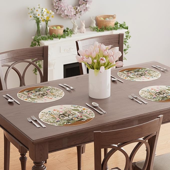 XCHI Wildflowers Cat Daisy Spring Round Placemats Set of 4 Summer Table Mats for Party Home Kitchen Dining Table Decorations 14x14 Inch