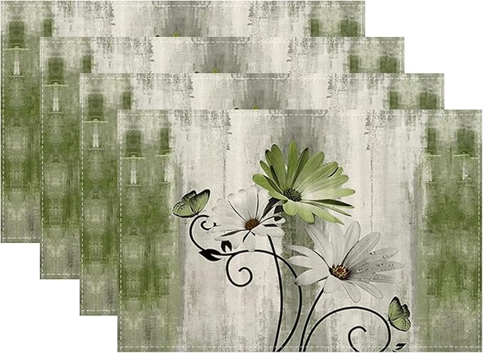 Floral Place mats Set of 4, 12x18 Inches Rustic Sage Green Daisy Flower Decorative Placemats Rectangle Floral Linen Table Mats for Party Home Kitchen,Dining Table Decoration