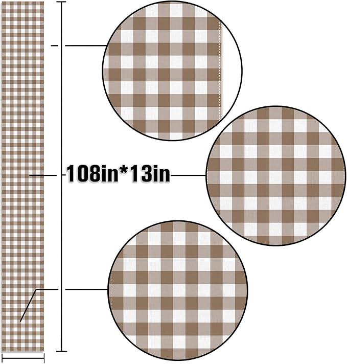 Khaki Gingham Table Runner Light Brown and White Checkered Birthday Wedding Baby Shower Party Decoration BBQ Picnic Home Kitchen Table Decor (Khaki, 13" x 108")