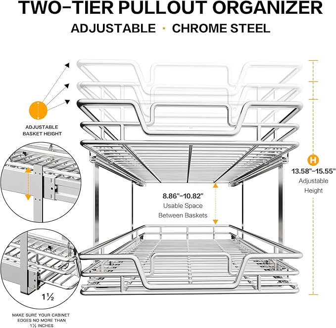 2-Tier Kitchen Cabinet Pull Out Shelf and Drawer Organizer Slide Out Pantry Storaqe Basket in Multiple Sizes (15" W x18 D)