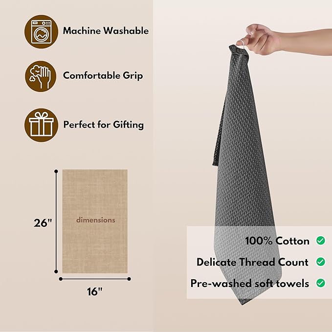 Native Fab Cotton Kitchen Towel - 16x26 inches, 6 Pack, Waffle Weave Kitchen Towels for Cleaning, Drying, Washcloths with Hanging Loop, Soft & Absorbent Dish Cloths, Grey