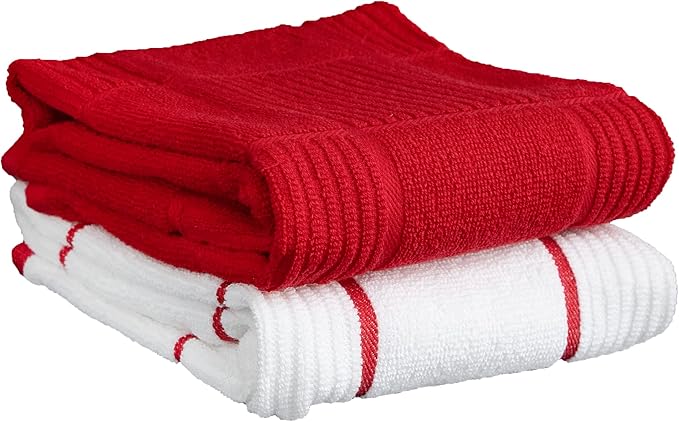 T-Fal Solid & Checked Parquet Kitchen Towels: Highly Absorbent, Super Soft Long Lasting - 100% Cotton, 16"x26" Dish Towels for Cleaning & Drying Dishes, Pans, Glassware, or Countertops, (2-Pack), Red