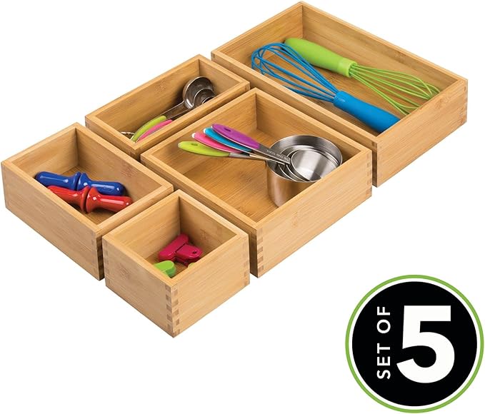 mDesign Bamboo Wood Kitchen Cabinet Drawer Organizer Tray Bins - Multipurpose - Use in Drawers, on Countertops, Shelves or in Pantry - Varied Sizes - Echo Collection - Set of 5 - Natural