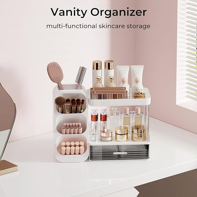 Makeup Organizer for Vanity with Brush Holder, 2 Tiers Countertop Skincare, Cologne Organizer and Perfume Stand for Men Bathroom Vanity, Large Capacity Makeup Storage, Black