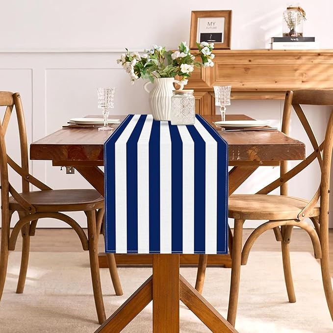 Navy Blue and White Striped Table Runner Nautical Theme Birthday Party Decoration Wedding Dining Room Home Kitchen Table Decor (Navy Blue, 13" x 90")