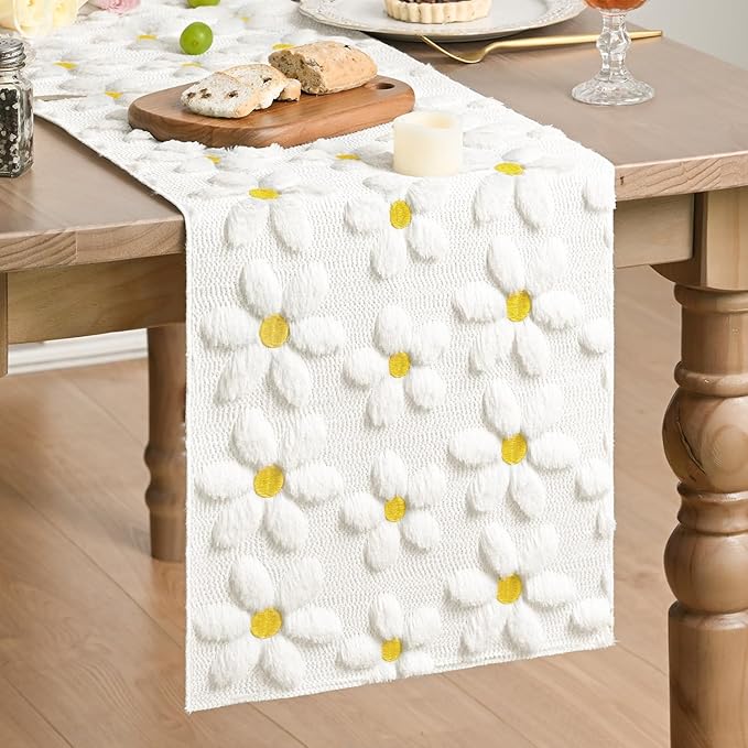 Artoid Mode White Soft Plush Faux Fur Jacquard Embroidery Daisy Spring Table Runner, Kitchen Dining Table Decoration for Home Party Decor 13x48 Inch