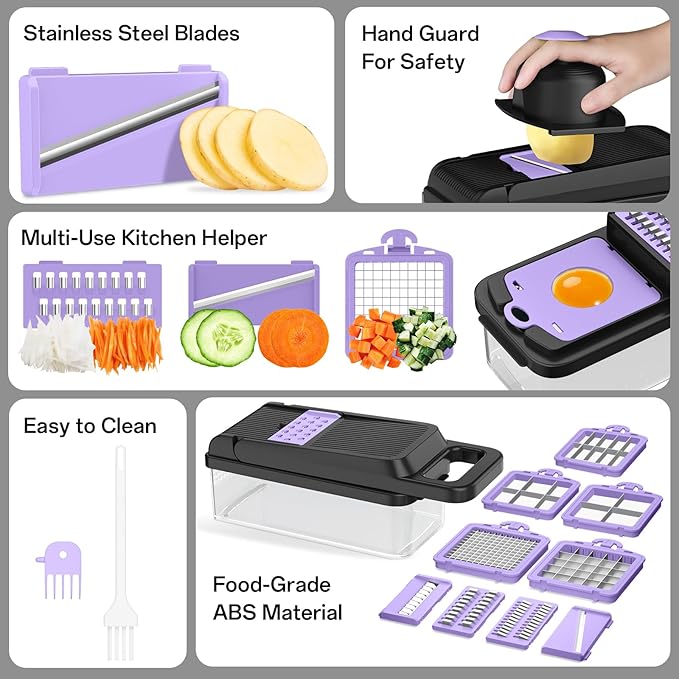 HomeHacks Vegetable Chopper Vegetable Cutter, 15 in 1 Kitchen Gadget, Dicer, Slicer, Onion Cutter, Salad, Cheese Grater & Egg Separator - Multi-Functional Veggie Chopper Lid with Handle (Purple)