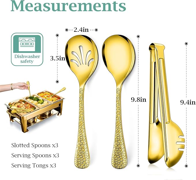 Teivio Hammered Stainless Steel Metal Serving Utensils Set of 9, 10" Serving Spoons, 10" Slotted Spoons, 9" Serving Tongs, Large Hostess Serving Set for Parties Chafing Dish Buffet Catering (Gold)