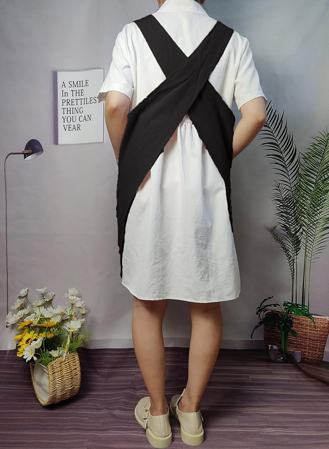 Cotton Cross Back Aprons Solid Color Cooking Kitchen Garden Smock for Women Girls with Pockets