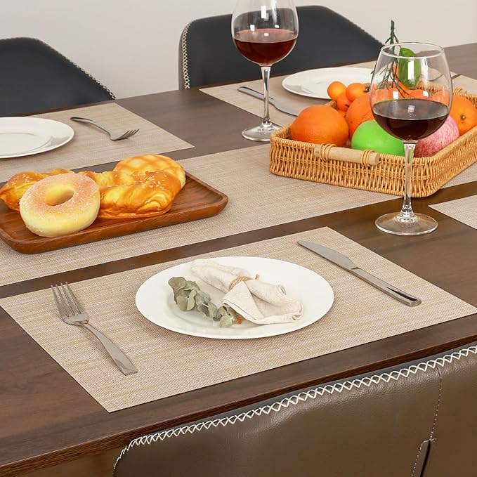 Myir JUN Placemats Set of 6, Vinyl Woven Placemats Place Mats Indoor Washable Table Mats Non-Slip Place mats for Dining Table (A-Beige, Set of 6)