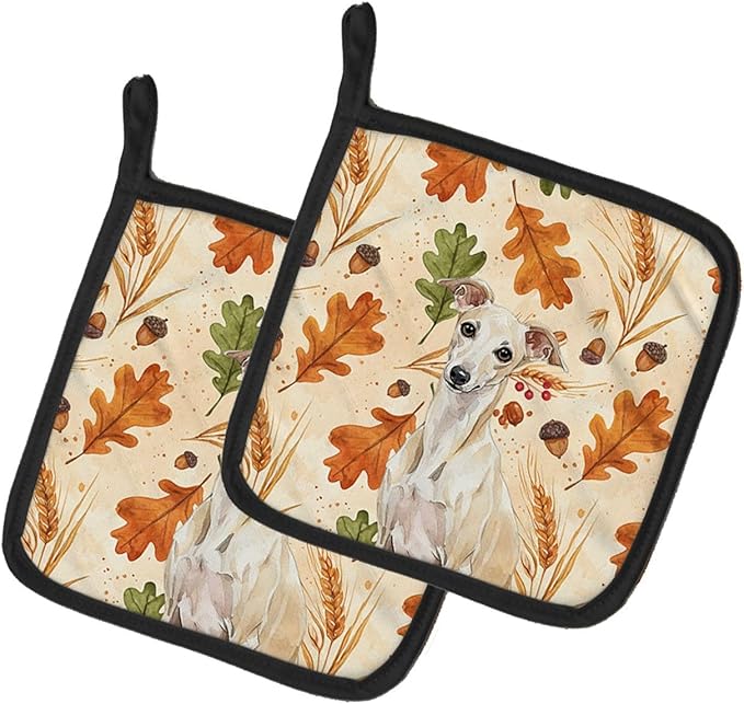 Caroline's Treasures Cream Italian Greyhound Heirloom Fall Pair of Pot Holders Pair 7.5x7.5 Quilted Insulated Hot Pads Decorative Kitchen Gift Made in USA