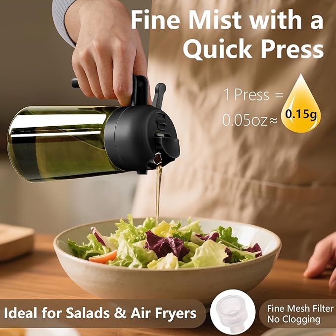 SWEET VIEW 2PCS Olive Oil Dispenser and Oil Sprayer – 16oz/470ml Glass Light-Proof Oil Pourer for Kitchen Air Fryer, Cooking, Salad, and BBQ, with Stickers