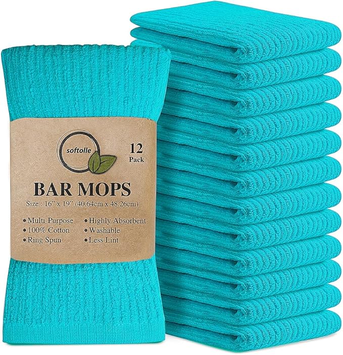 Softolle Bar Mop Towels, Pack of 12-16x19 Inches - 100% Cotton Super Absorbent Towels, Multi-Purpose for Home and Bar Cleaning (Turquoise)