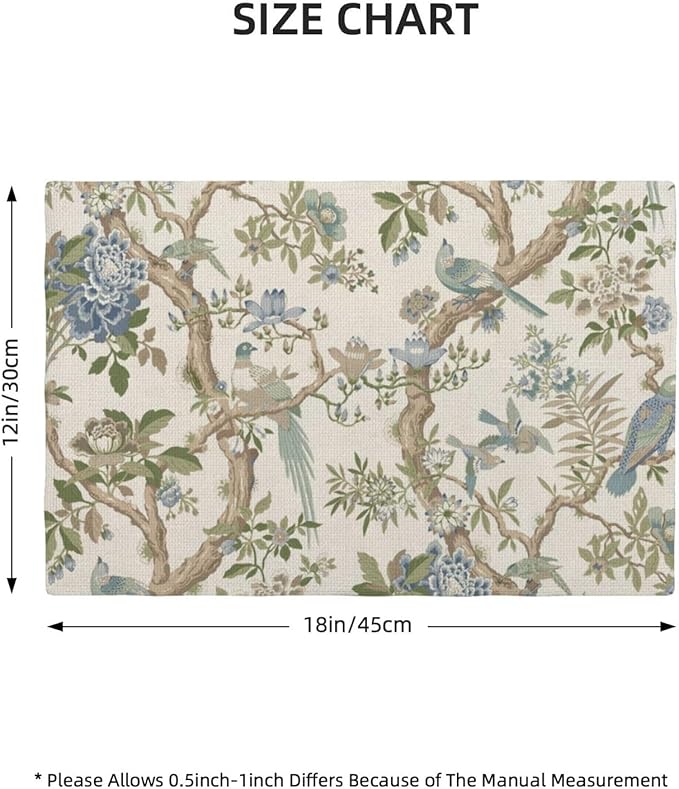 Blue Green Chinoiserie Placemats Set of 4 Spring Vintage Bird Flower Decor Place Mats 12x18 Inch Floral Seasonal Decorative Linen Table Mats for Home Kitchen Dining Party Table Decoration