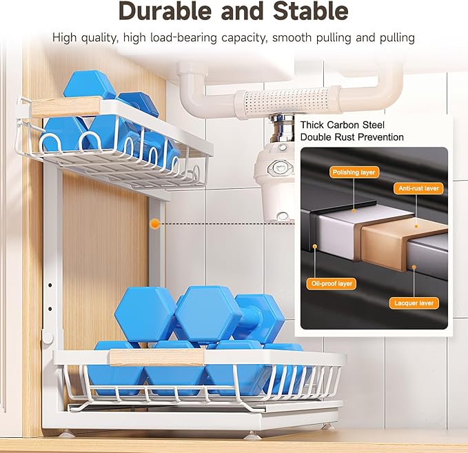 Sevenblue 2 Packs Under Sink Organizer, Height Adjustable 3 Tier Under Kitchen Sink Organizer, Multi-Purpose Storage Shelf for Kitchen Bathroom Cabinet (White, Large)