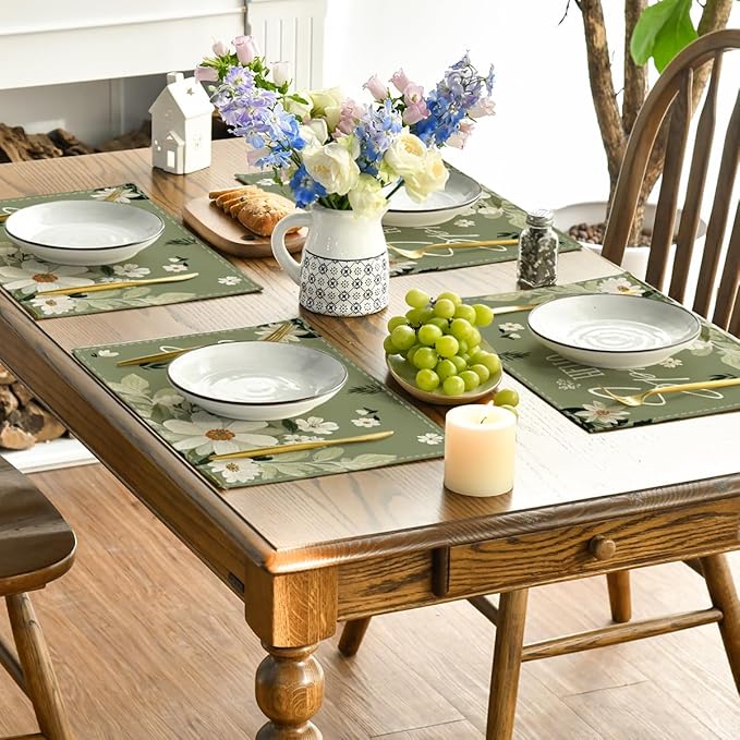 Artoid Mode Olive Green Hello Spring Daisy Flowers Spring Placemats Set of 4, 12x18 Inch Seasonal Holiday Table Mats for Party Kitchen Dining Decoration