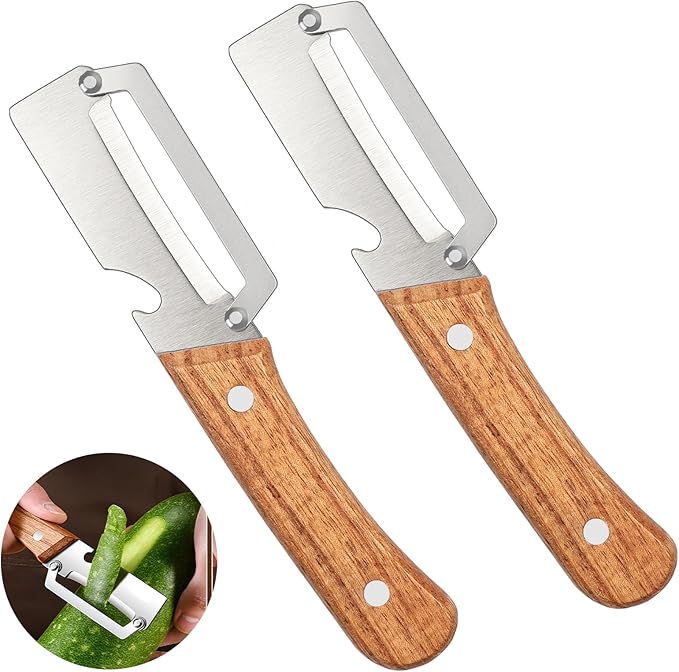 2 Pcs Multifunctional Vegetable Peeler, Stainless Steel Blade Peeler with Wooden Handle, Non-Slip Fruit Peeler for Kitchen