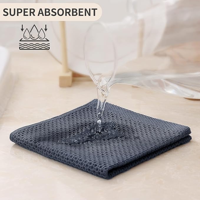 Kitinjoy 100% Cotton Kitchen Dish Cloths (12 X 12 Inches, Dark Grey), 6 Pack Waffle Weave Ultra Soft Absorbent Dish Towels for Drying Dishes Quick Drying Kitchen Towels Dish Rags