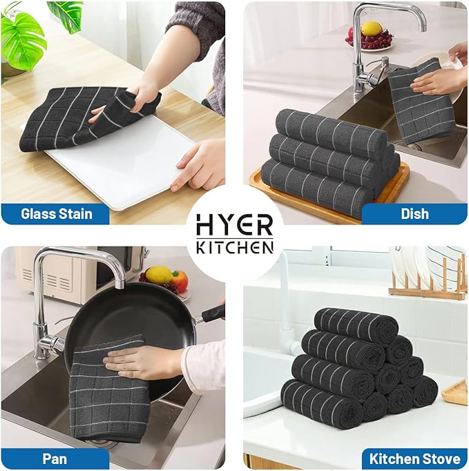 Microfiber Dish Towels - Soft, Super Absorbent and Lint Free Kitchen Towels - 8 Pack (Lattice Designed Black Colors) - 26 x 18 Inch…