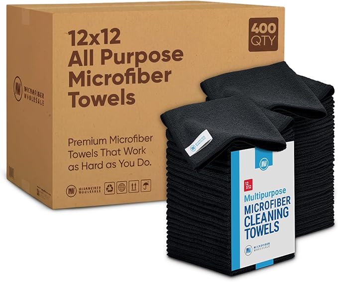 Bulk 12” X 12” All Purpose Microfiber Towels Wholesale - Case Quantity (400 Count) | No Fraying | High Density Microfiber | Zero Chemical Cleaner | Long-Lasting (Black)