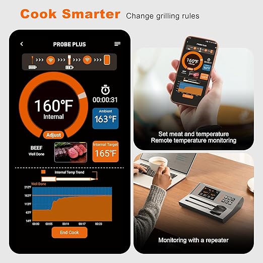 NIGOGOR Dual Probes Meat Thermometer, Smart Digital Magnetic Standalone Base, Bluetooth Wireless Meat Thermometer Remote Tracking and Real-Time Readings, iOS and Android, for Grill, BBQ, Smoker
