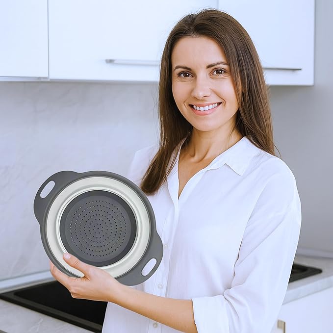 White Round Silicone Collapsible Colander – Silicone Round Kitchen Strainers with Plastic Handles Small Foldable Kitchen Strainer Perfect for Draining Pasta Vegetable and Fruit