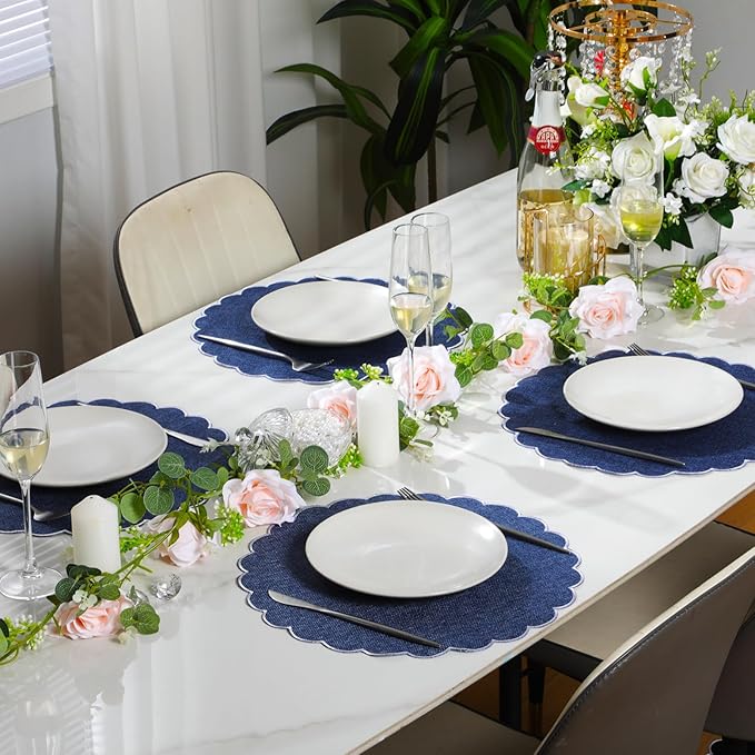 Set of 6 Round Placemats 15 Inch Cotton Scalloped Embroidery Placemat Washable Double Layered Rustic Dinner Table Mat Decor Fabric for Hotel Restaurant Kitchen(Navy Blue/White,Classic)