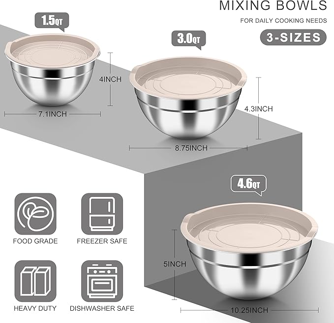 HaWare Mixing Bowls with Airtight Lids, 6-Piece Stainless Steel Salad Bowls, Strong Nesting Bowls for Cooking, Prepping, Baking, Serving & Food Storage, Stackable Design, Size 4.6, 3, 1.5QT, Khaki