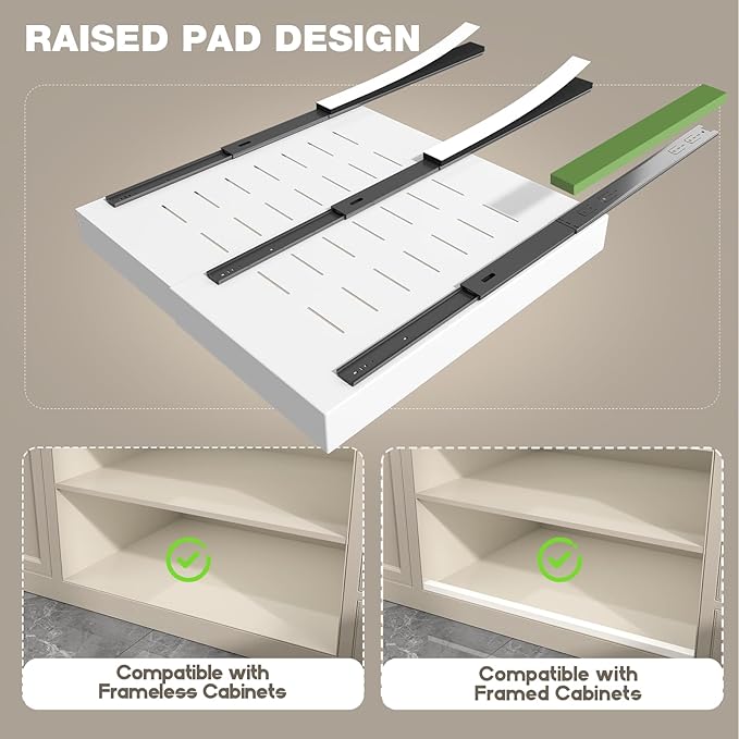 Seinloes 2 Pack Pull Out Cabinet Organizer 24" Deep,Full Extension 3 Slide Rails Slide Out Drawers With Raising Pad for Framed Cabinets,Expandable Width (15.4"-26.2"),No Drill Roll Out shelf,White