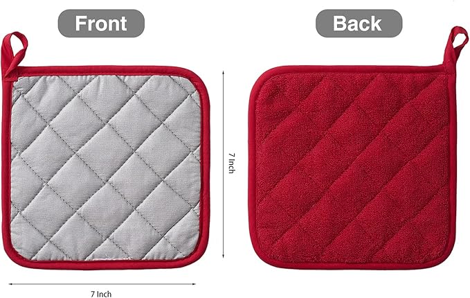 Kitchen Pot Holders Set Heat Resistant Pure Cotton Potholders Kit Trivets Large Coasters Hot Pads Terry Pot Holders for Everyday Cooking and Baking by 7 x 7 Inch Set of 6 Red