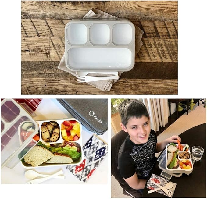 kinsho Bento Lunch Box Container for Kids Adults, Portion Control Meal Prep and Snack Containers, Japanese Style Boxes with 4 Compartments for Boys Girls Teens, School Work and Travel | Gray