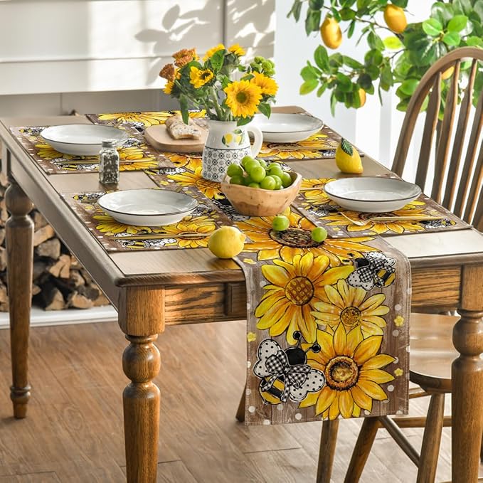 Artoid Mode Wood Sunflower Bee Flower Polka Dot Summer Placemats Set of 4, 12x18 Inch Table Mats for Table Runner Party Kitchen Dining Decoration
