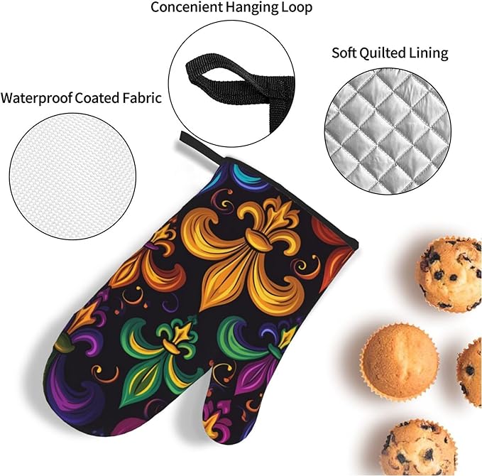 Colorful Fleur De Lis Oven Mitts and Pot Holders Sets Mardi Gras Kitchen Oven Gloves Heat Resistant 500 Degrees Oven Mitt and Hot Pad for Cooking BBQ Baking Grilling