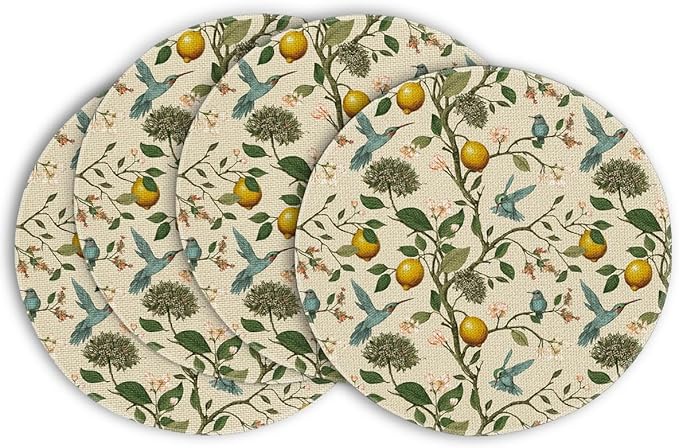 Artoid Mode Brown Lemon Tree Bird Flower Round Summer Placemats Set of 4, 14 Inch Spring Farmhouse Round Table Mats for Dining Decoration
