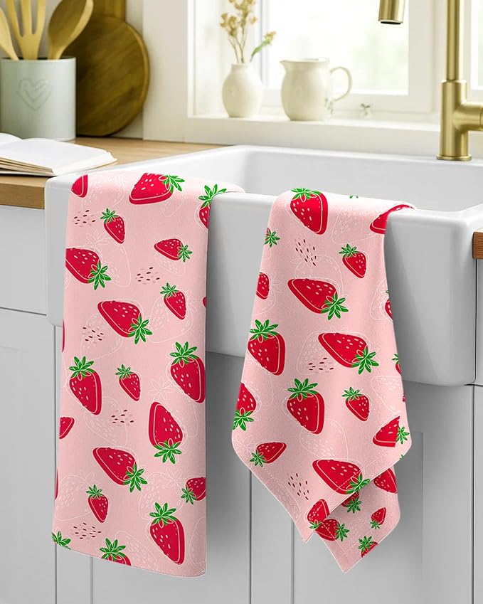 Miss Adola Flour Sack Kitchen Towels Set of 2-18x26 Cotton Dish Towels with Hanging Loop Reusable Tea Towel for Cleaning Spring Absorbent Dishcloths Cute Home Decor Housewarming, Line Strawberry