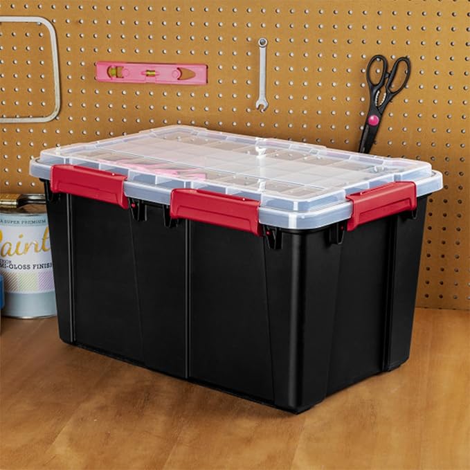 Sterilite 4 Pack Gasket Box, Stackable Plastic 13.5 Gallon Storage Container with Lids, Black - Waterproof and Dustproof Tote for Home Organization