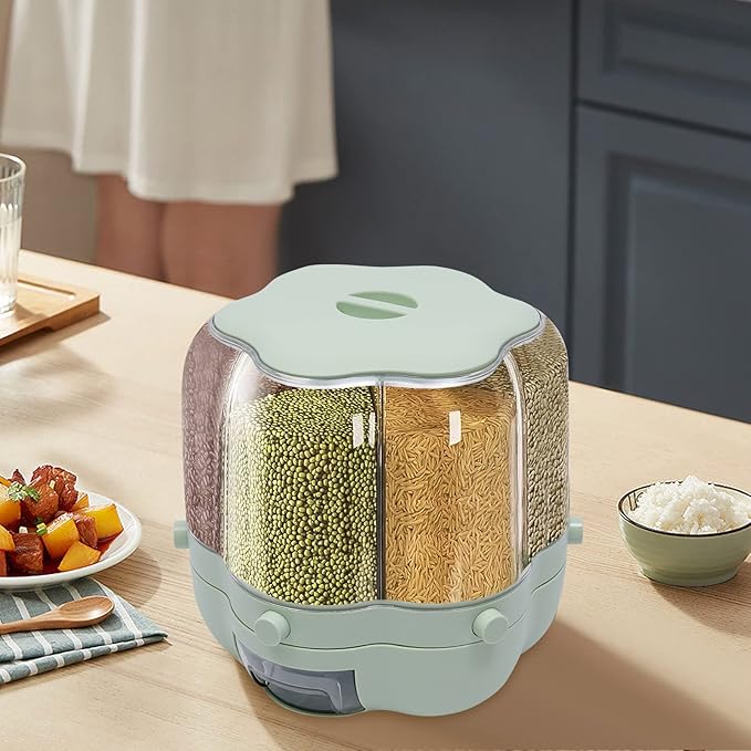Cereal Dispenser Countertop 360° Rotating Grain Storage Container 13.2-27.56 Lbs Rice Dispenser 6 Grids Dry Food Dispenser Candy Dispensers for Grains, Beans, Rice (Matcha Color, 17.64Lbs)