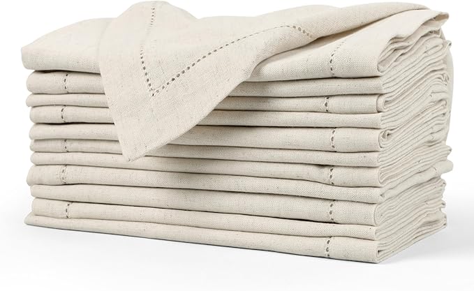 FINGERCRAFT Cloth Napkins, Hemstitch Napkins Cloth, Everyday Use, Premium Quality Cotton Linen Blend Perfect for Parties Dinners Weddings Cocktail Christmas Easter Set of 12, 20 inch Ivory