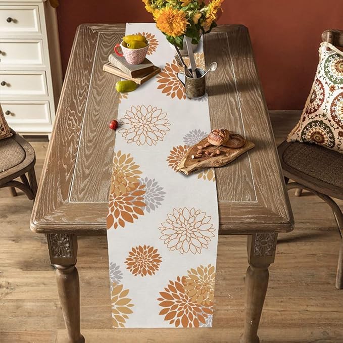 Fall Table Runner Orange Grey Dahlia Pinnata Floral Table Runners Modern Elegant Farmhouse Geometric Coffee Table Center Decor for Autumn Home Kitchen Dining Party 13 x 72 Inch