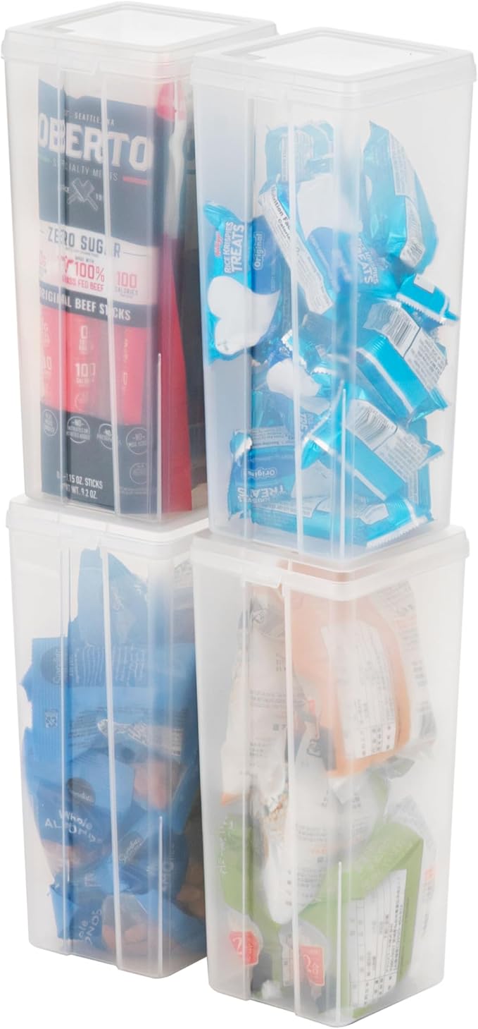 IRIS USA Vertical Plastic Flip Top Storage Containers Bins with Lids for Pantry, Home, Office, Organization, Large, Stackable Hinged Organizer with Latches, Clear, 4 Pack