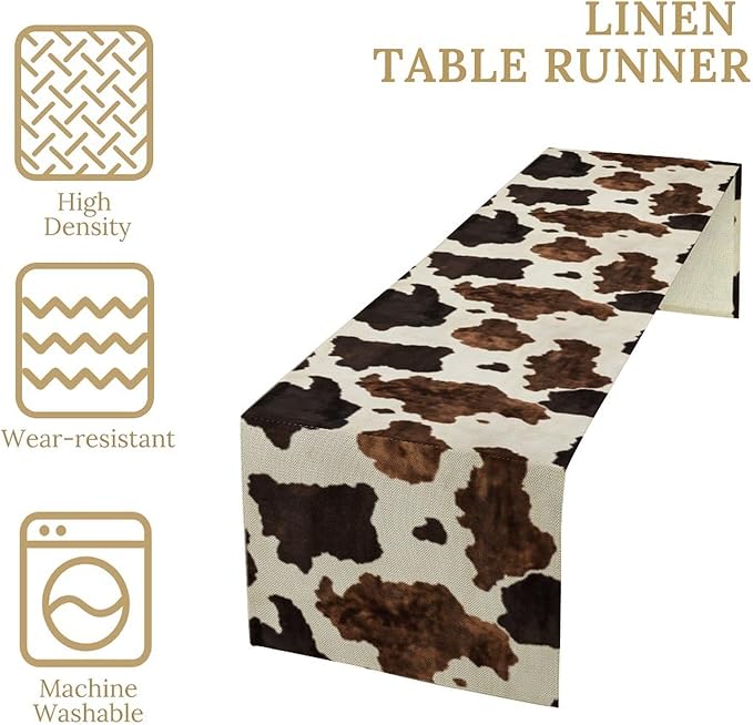 Cow Print Table Runner Country Farmhouse Cottage Cowhide Print Art Printed Runner for Home Kitchen Dining Table Living Room Decor Fabric 1 Panel W13xL60in