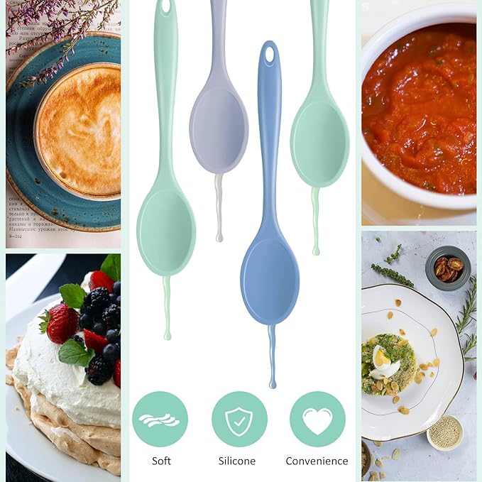 Shappy 4 Pieces Silicone Cooking Spoons 10.6 Inch Heat Resistant Kitchen Spoons for Mixing, Serving and Stirring Upgrade Large Non Stick Basting Utensils, Dishwasher Safe(Spoon,Fresh Color)