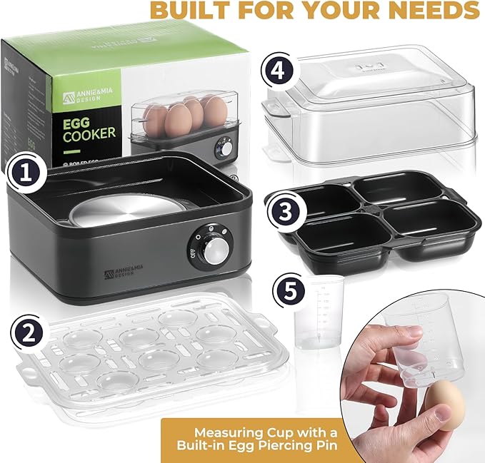 Annie & Mia Design Stainless Steel Electric Rapid Egg Cooker, 8 Egg Capacity 500W, Soft/Medium/Hard Boiled Egg Boiler Poacher Steamer Omelet Maker, Knob Auto Shut-Off, with Recipe Guide Book (Black)