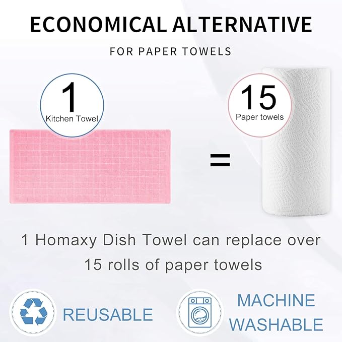 Homaxy 100% Cotton Terry Kitchen Towels(Pink, 13 x 28 inches), Checkered Designed, Soft and Super Absorbent Dish Towels, 18 Pack
